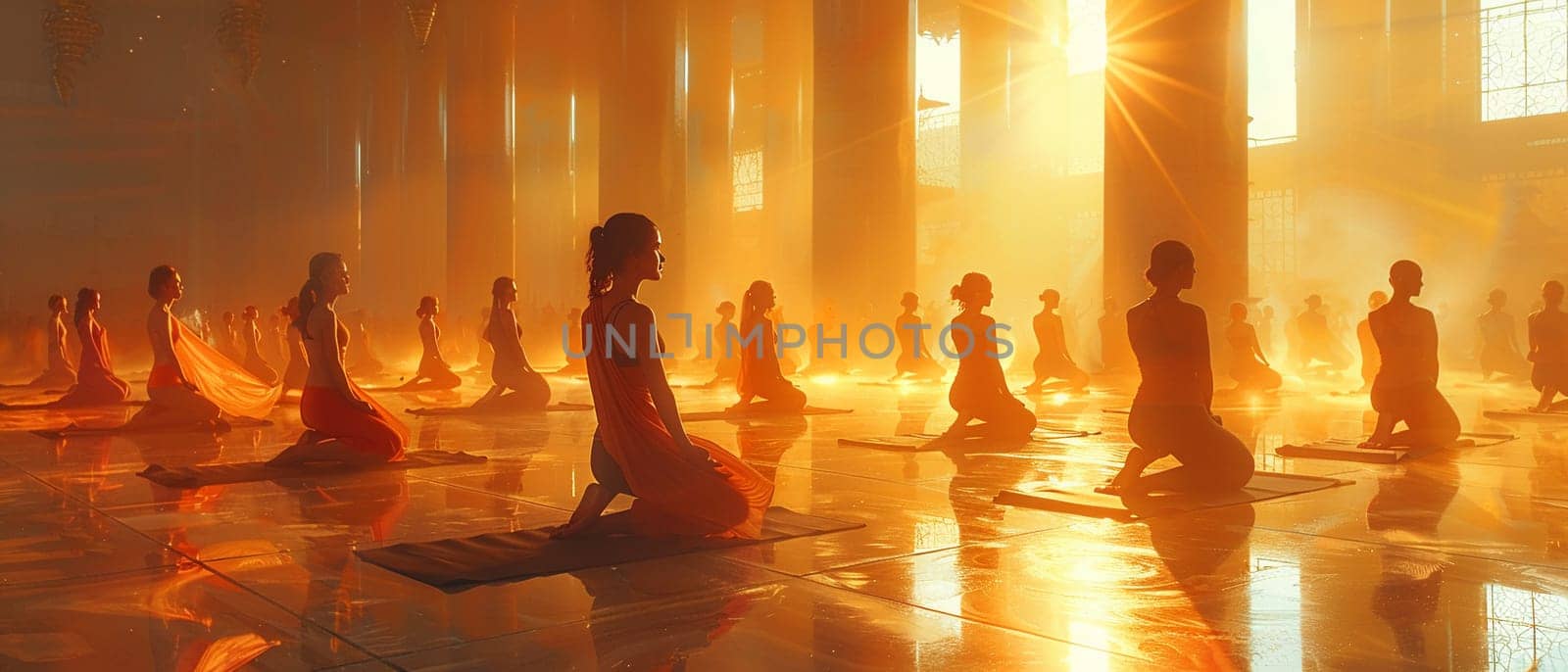 Serene Yoga Class in Session at a Sunlit Wellness Center, The tranquil blur of figures in poses against the morning light emphasizes balance and harmony.