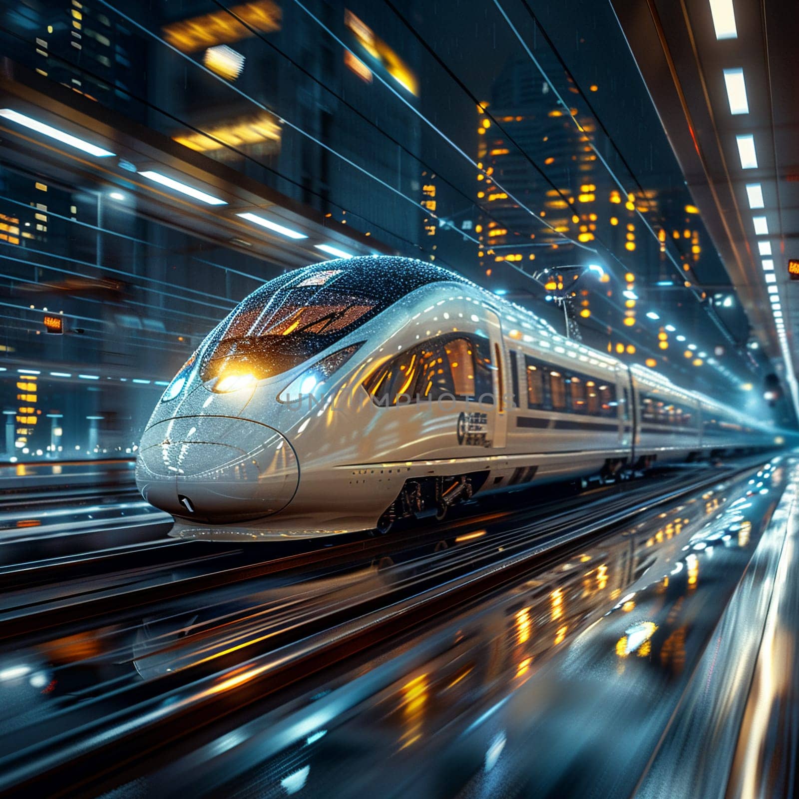 High-Speed Train Departing Station with a Blur of Movement, The streaks of the train convey the speed and connectivity of modern travel.