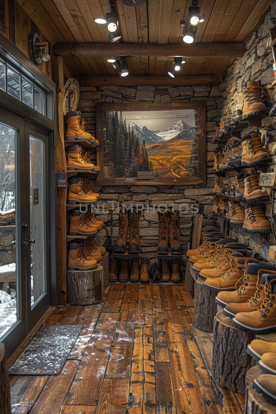 Outdoor Gear Store Equips Adventurous Spirits in Business of Exploration Retail, Hiking boots and gear displays equip a story of adventurous spirits and exploration retail in the outdoor gear store business.