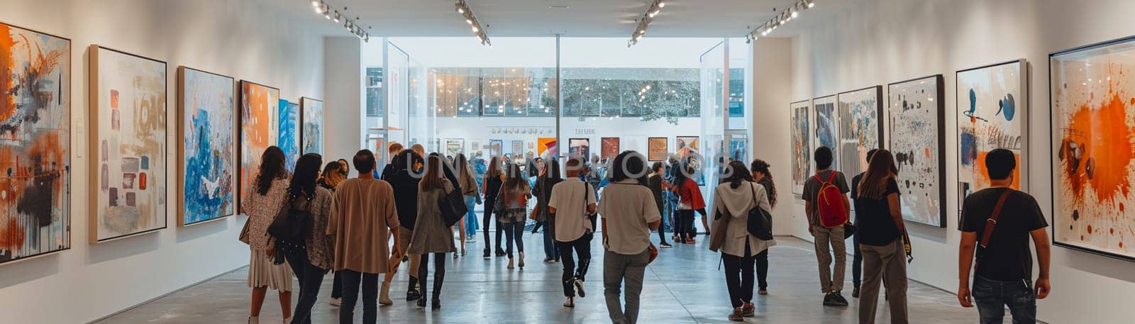 Artists and Patrons Mingling at a Chic Gallery Opening Night, Softened figures against a backdrop of artwork convey the vibrant art scene.