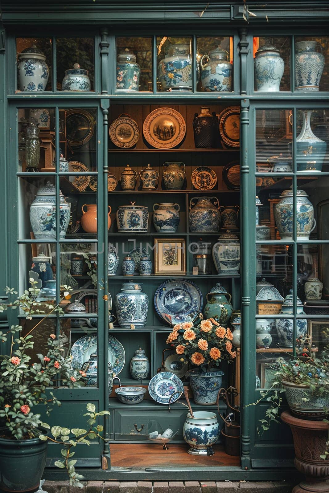 Charming Antique Shop Offering Hidden Gems to Collectors, The dusty blur of antiques and curios paints a scene of treasure-hunting business.