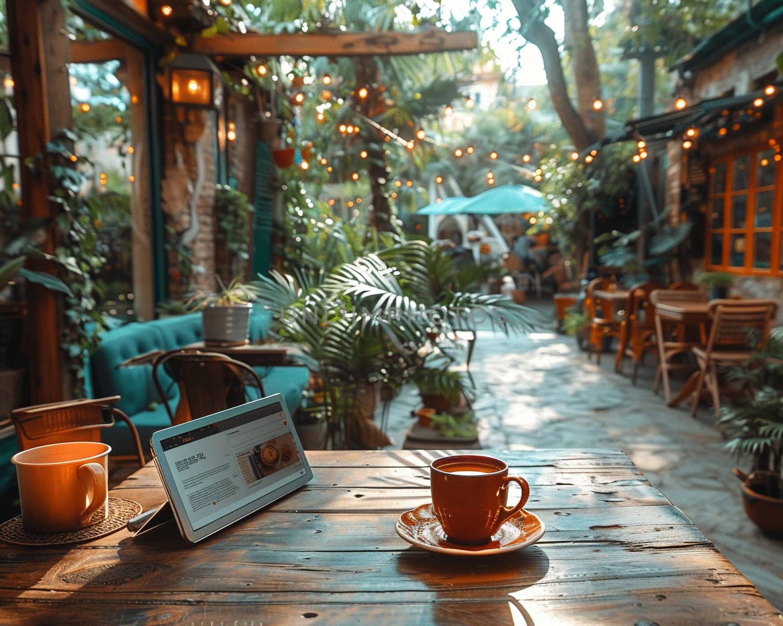 Digital Nomad Crafts Blog Posts in Exotic Cafe Setting by Benzoix