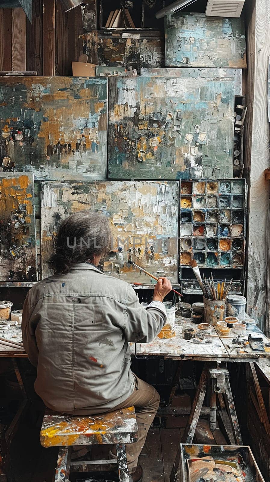 Creative Painter Shares Artistic Process in Bustling Studio, Inspiration and technique are shared as an artist paints amidst a collection of canvases.