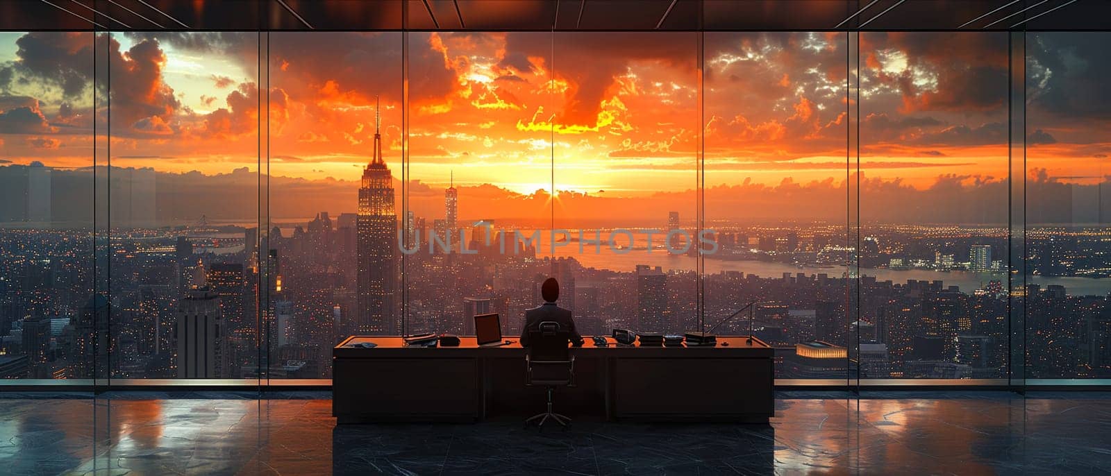 Elegant Executive Making Decisions in a High-End Office, Surrounded by panoramic city views, a decision-maker contemplates their next move.