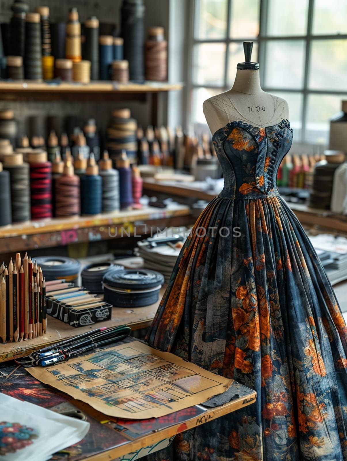 Fashion Designer Sketches Out Fresh Ideas in a Sunlit Studio, Creative designs come to life amidst the fabrics and sketches of a bright studio.