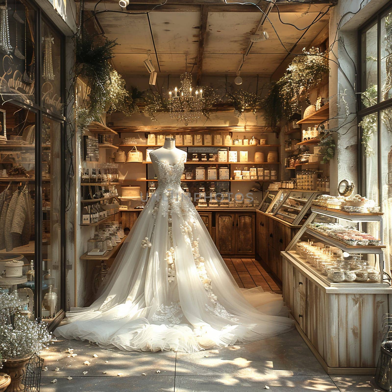 Elegant Bridal Boutique with Soft Focus on Gowns and Accessories by Benzoix