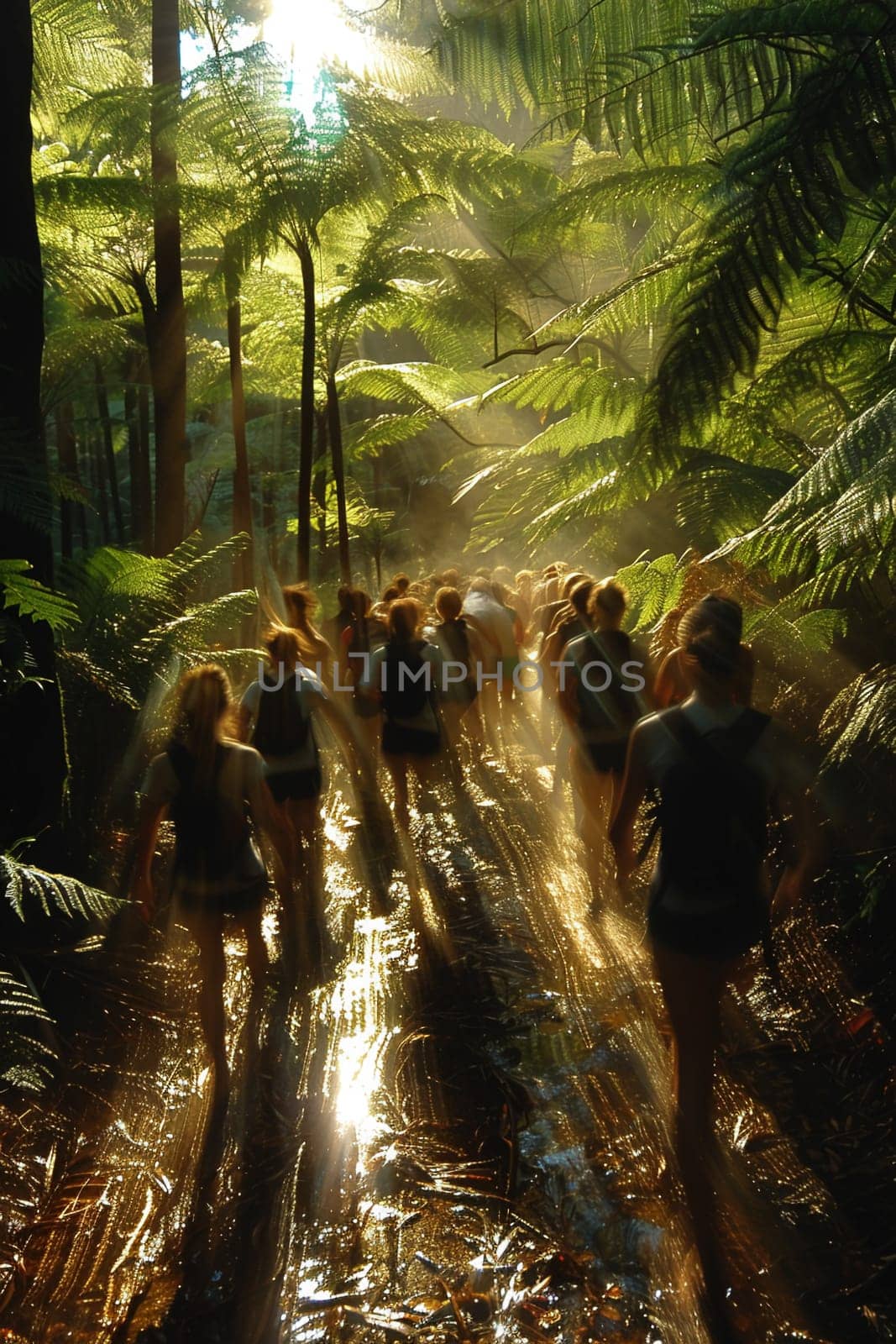 Nature Hiking Trail with Families Enjoying a Weekend Walk, The blur of movement amid greenery suggests the active pursuit of outdoor recreation.