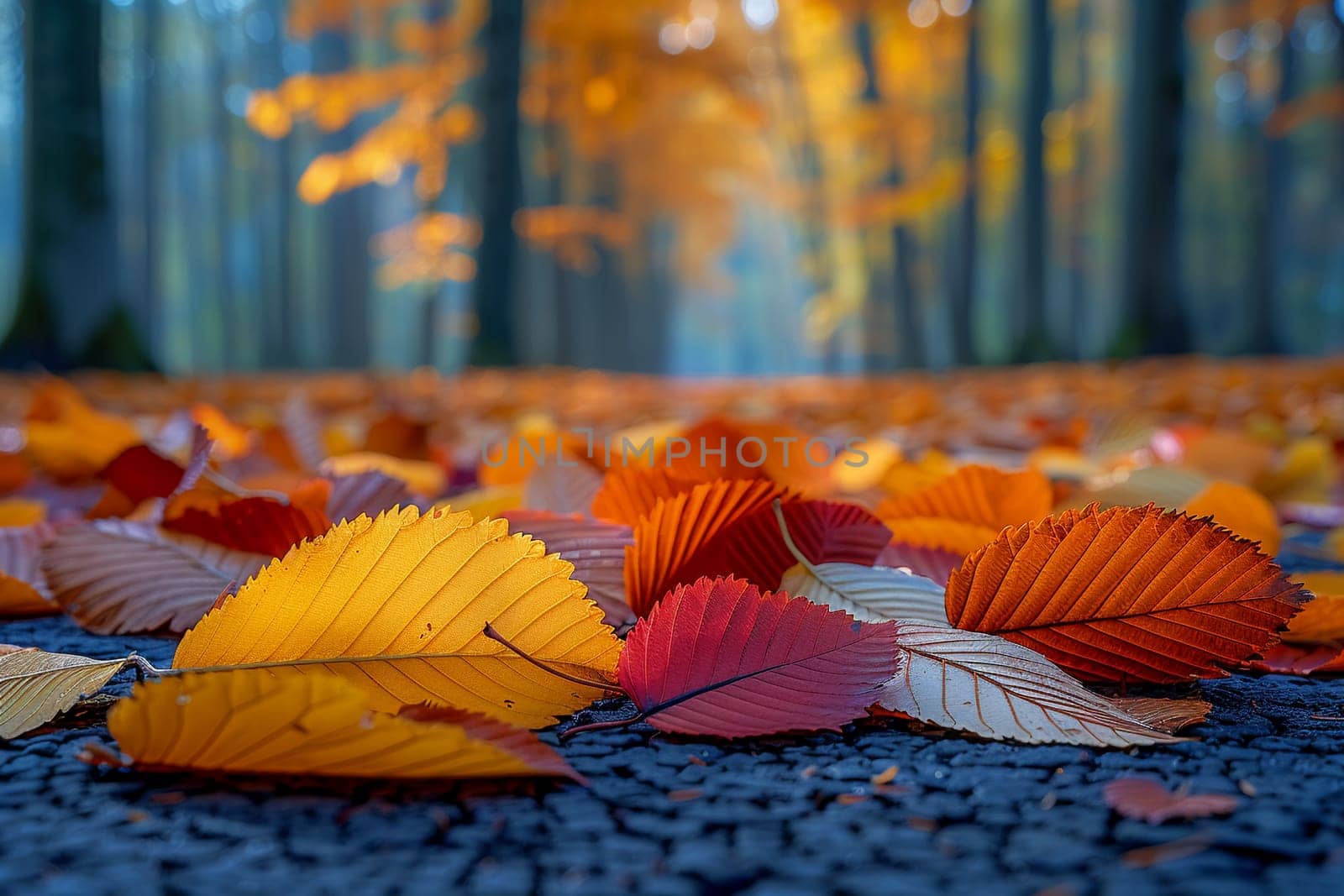 Close-up of colorful autumn leaves on a forest floor, showcasing the change of seasons