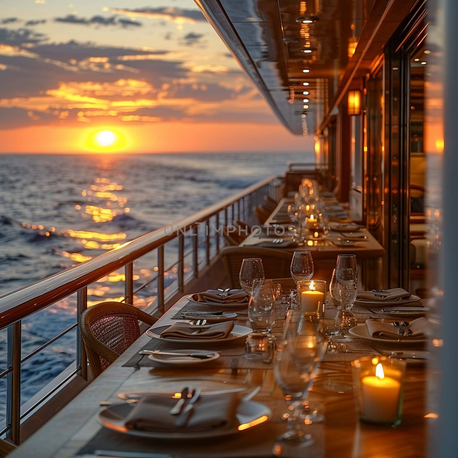 Sunset Cruise Ship Deck Hosting Corporate Celebrations, The golden blur of a sunset on the deck sets the scene for exclusive business festivities.