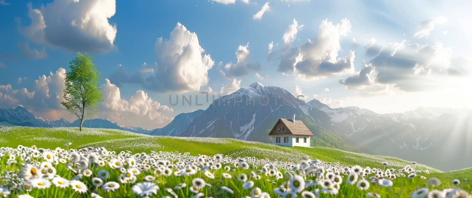 Beautiful view of idyllic mountain scenery with traditional old mountain chalet and fresh green meadows by NataliPopova