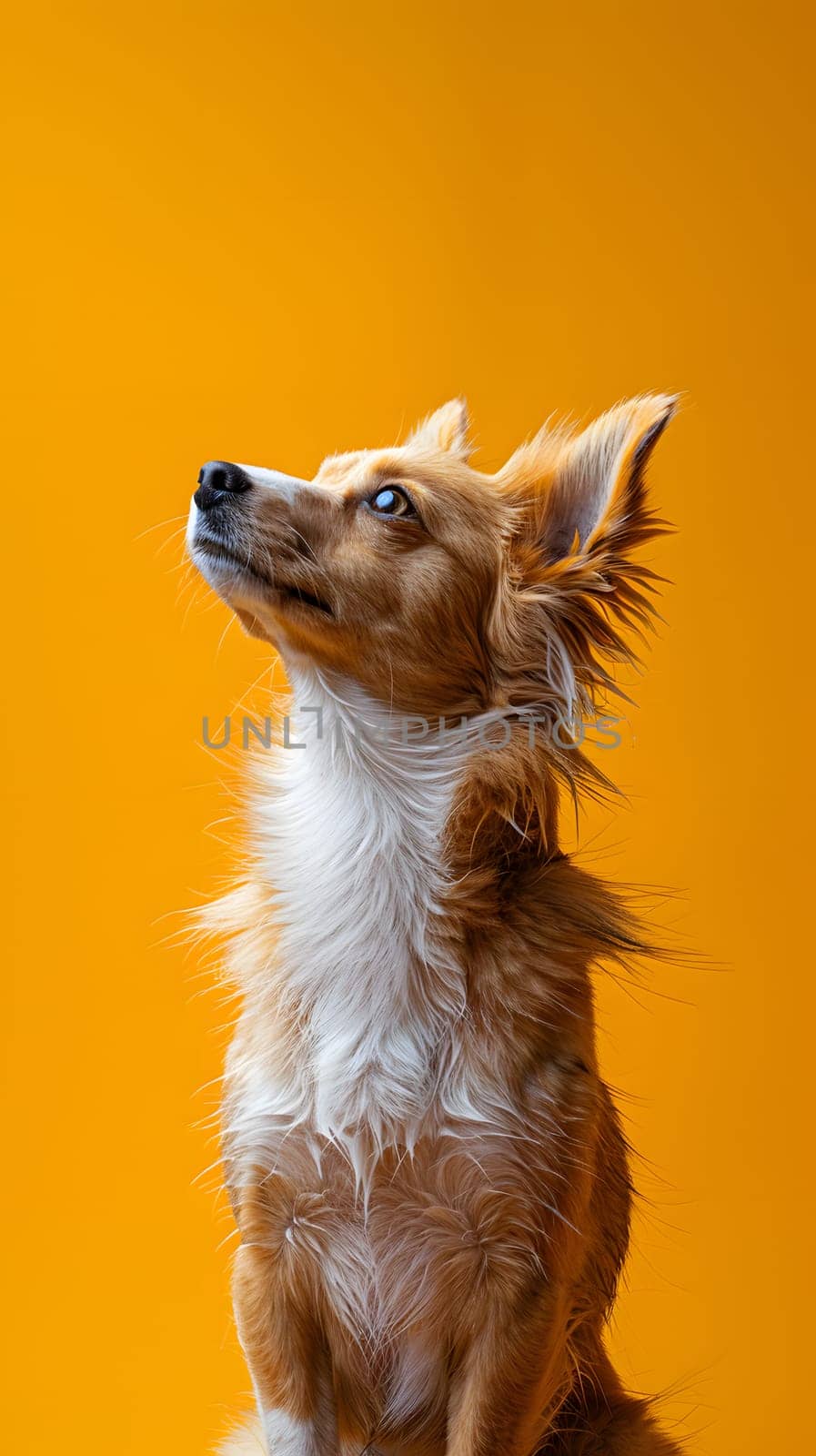 Fawncolored dog with white fur sitting on yellow background, gazing upward by Nadtochiy