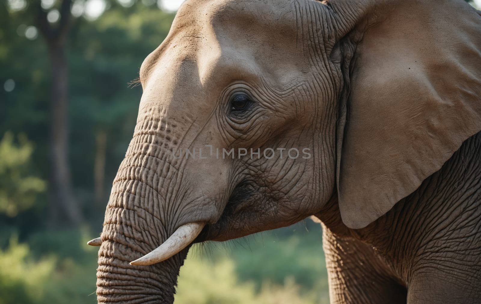 Close up of an Indian elephants face with wrinkles and a long trunk, surrounded by trees and grass. A majestic terrestrial animal, known for being a working animal