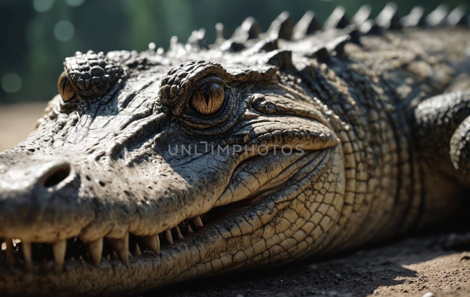 A closeup of a terrestrial reptile, the American crocodile, laying on the ground with its mouth open, showcasing its powerful jaws and sharp teeth
