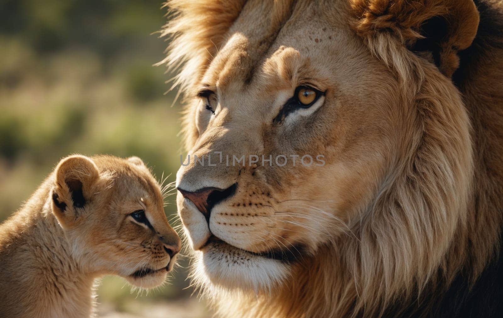 A Felidae organism, the Masai lion, and its cub, both Carnivores and terrestrial animals, are gazing at each other with their distinctive whiskers and adaptations for hunting in the grasslands