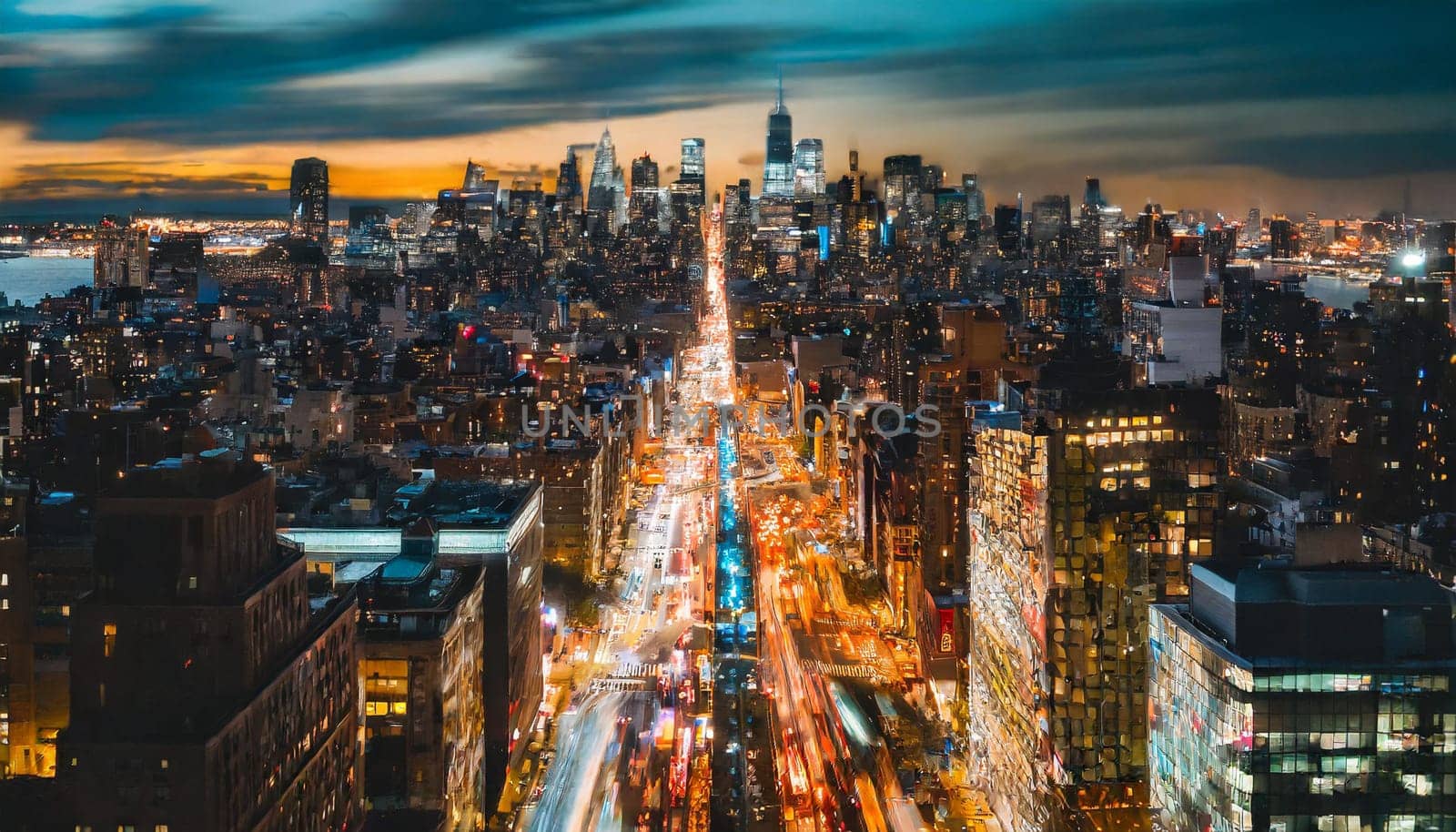 aerial view of Dynamic nightfall city scene, long exposure traffic lights and urban glow,rush hour, commute time by verbano