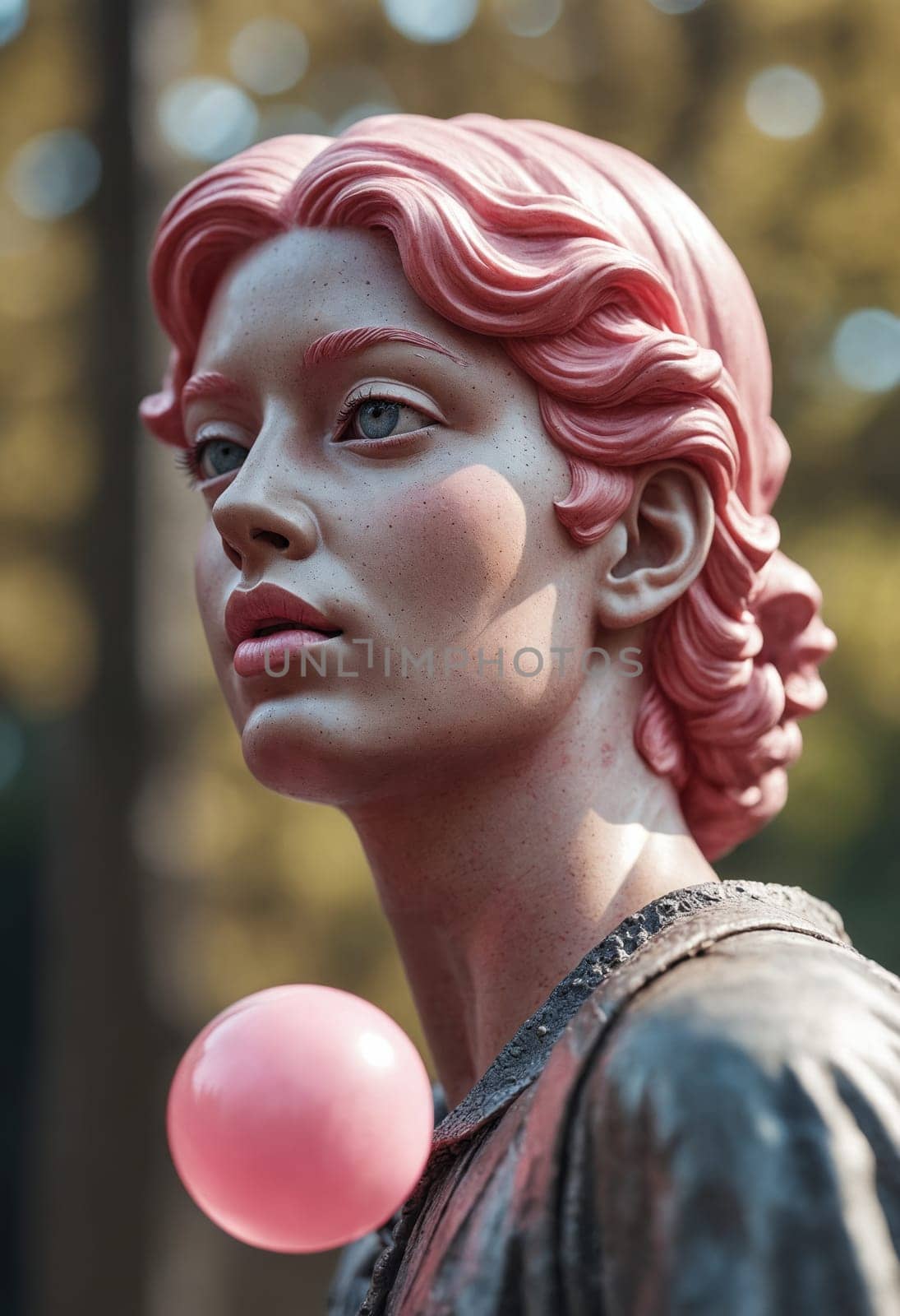 A person sporting stylized pink curls casually blows a large bubble gum bubble against a soft-focus natural outdoor backdrop."