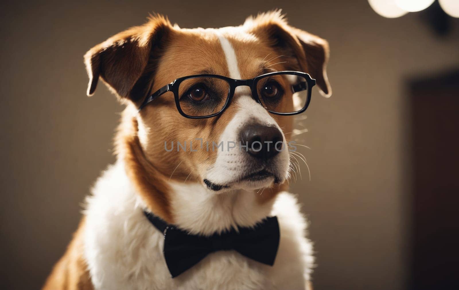 This dog exudes sophistication dressed in a black bow tie and glasses, set against a subtly blurred backdrop with a touch of warm light.