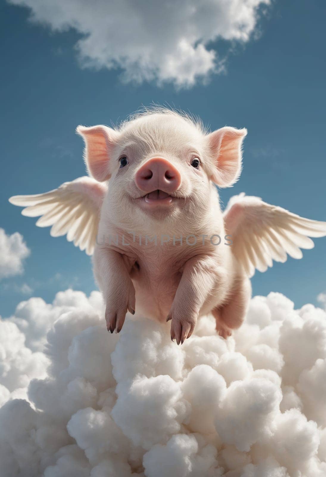 A dreamy portrayal of the classic saying, with a winged piglet nestled in fluffy clouds against a bright blue sky.