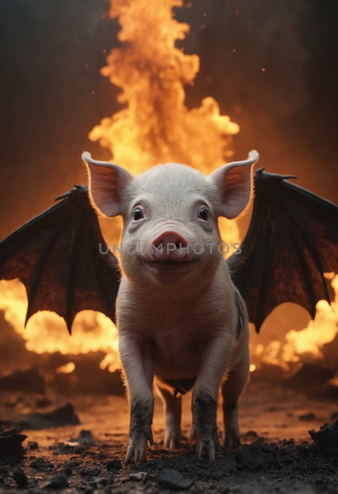 Surreal scene of a pig with bat-like wings flying over flames, digital art concept.