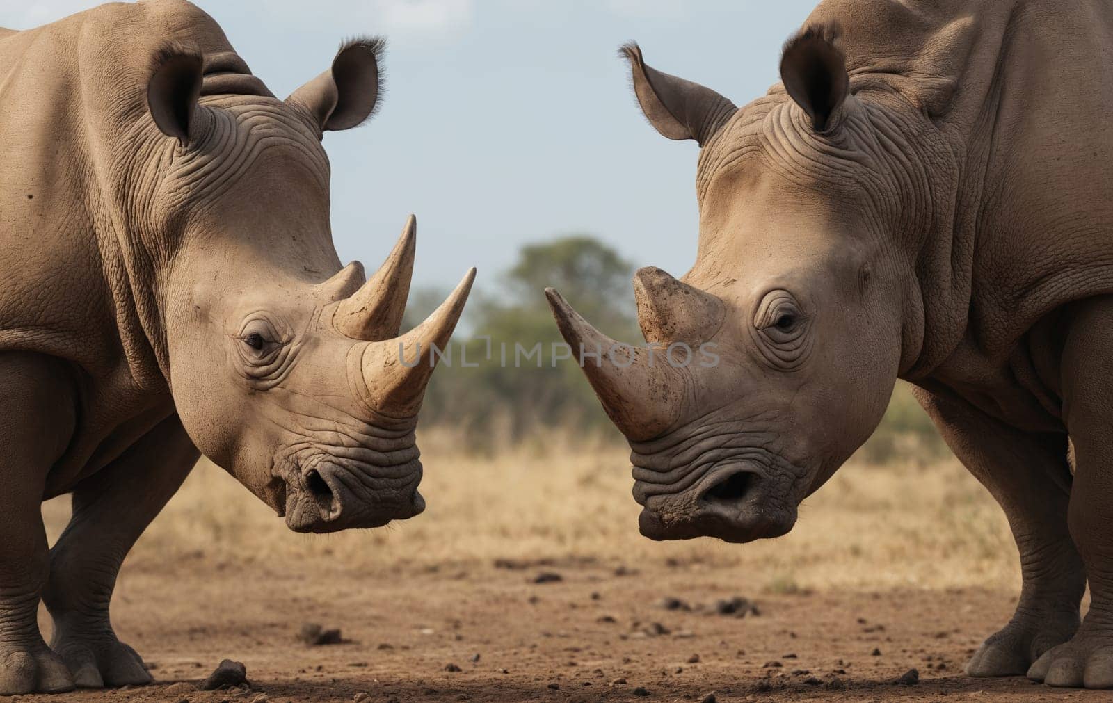 Two white rhinoceros standing together on a dirt road in nature by Andre1ns