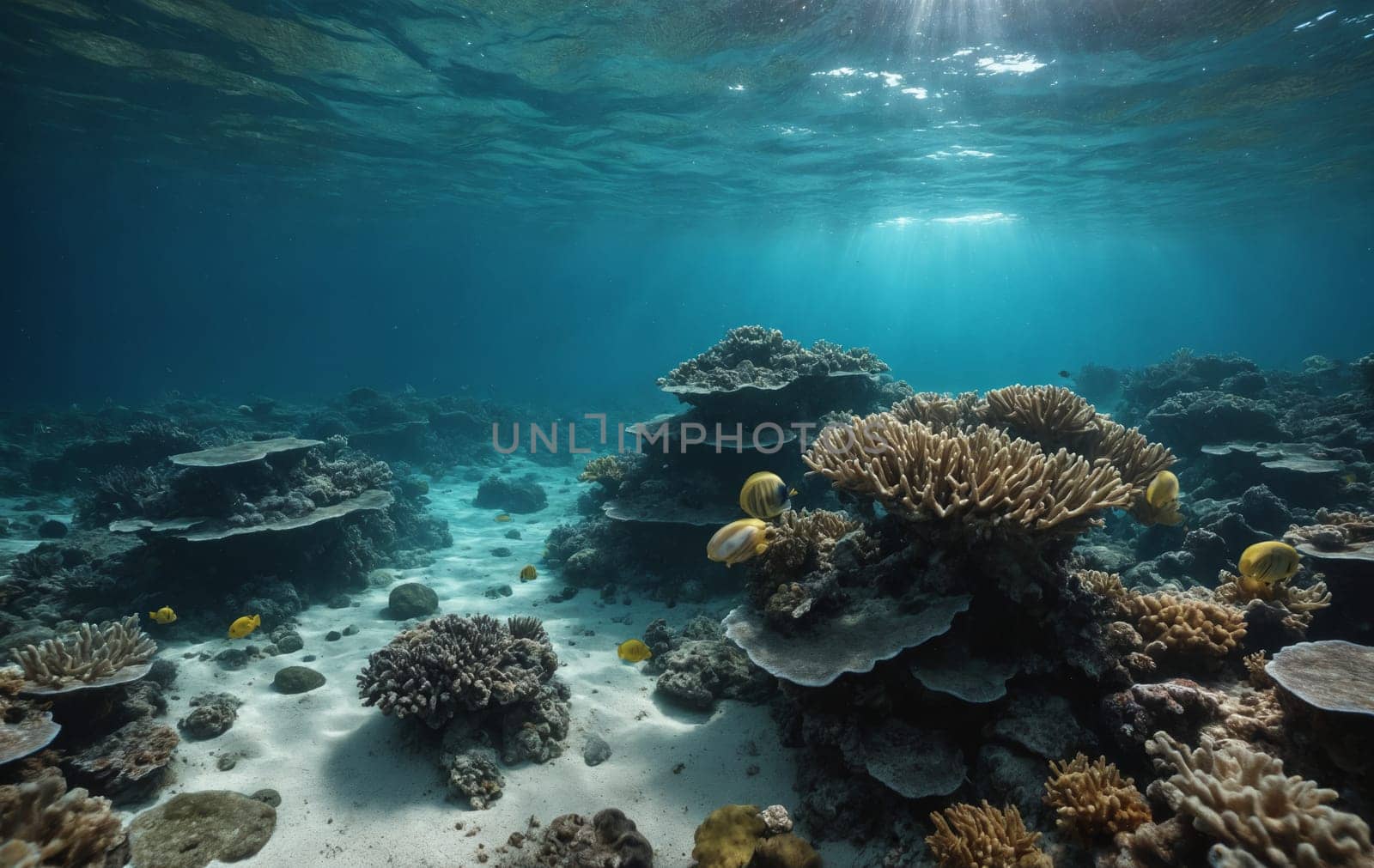 The fluid sunlight filters through the water over a vibrant coral reef, creating a breathtaking underwater landscape in coastal and oceanic landforms