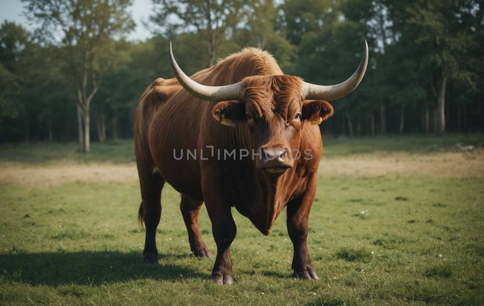 A brown bull with long horns is grazing peacefully in a grassy field, surrounded by green plants and tall trees in the natural landscape
