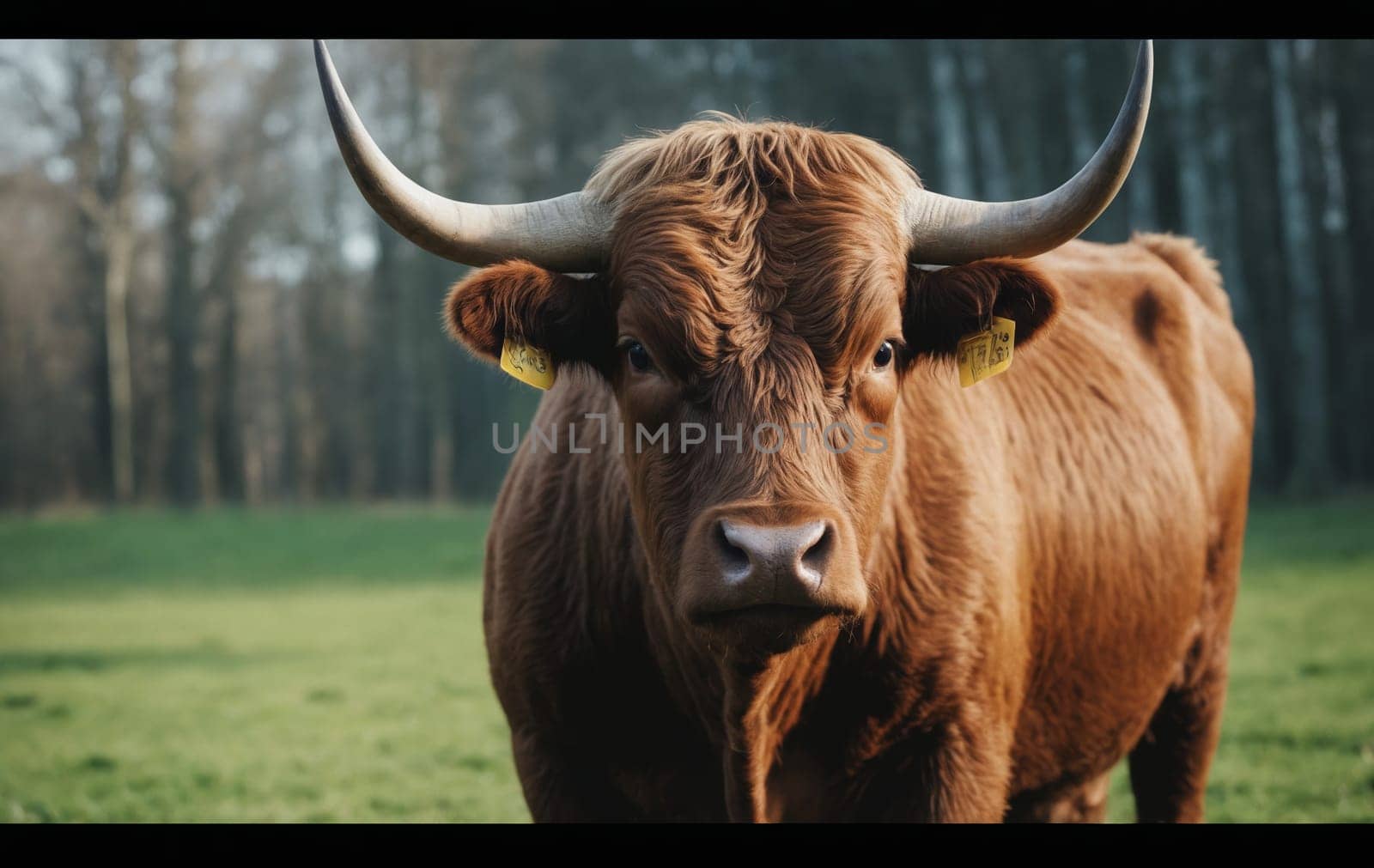 A bull with long horns is grazing in a grassy meadow, gaze fixed on the camera by Andre1ns