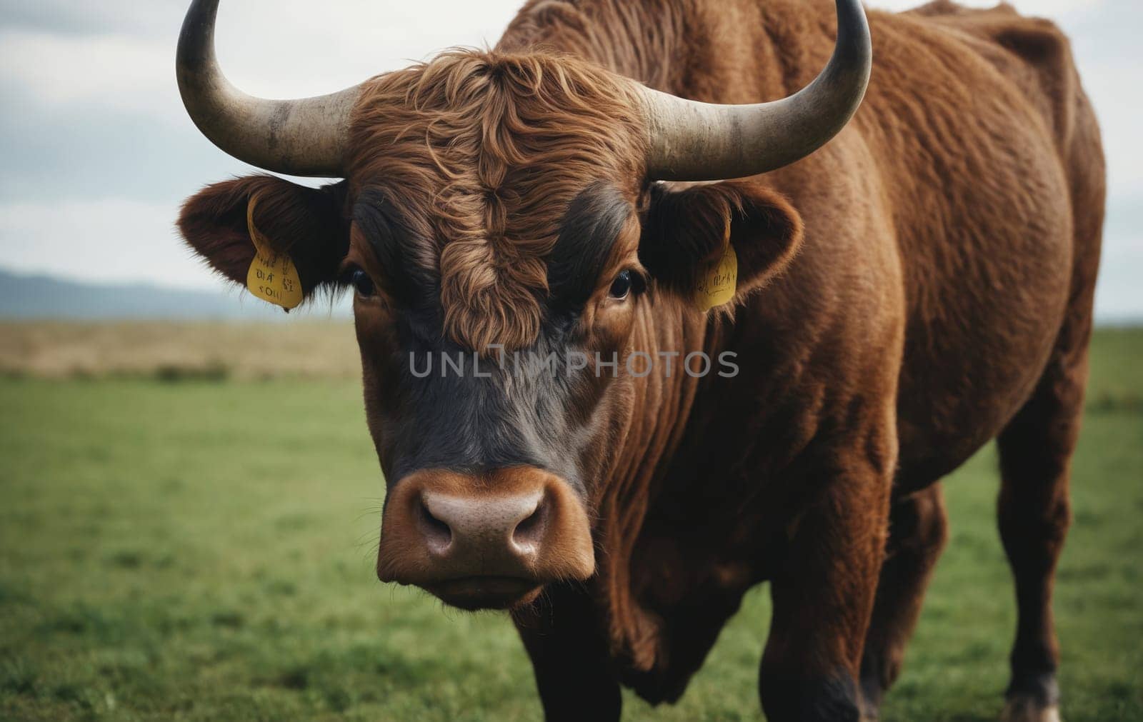 A bull with long horns is grazing in a grassy meadow, gazing at the camera. It is a working animal in a natural landscape