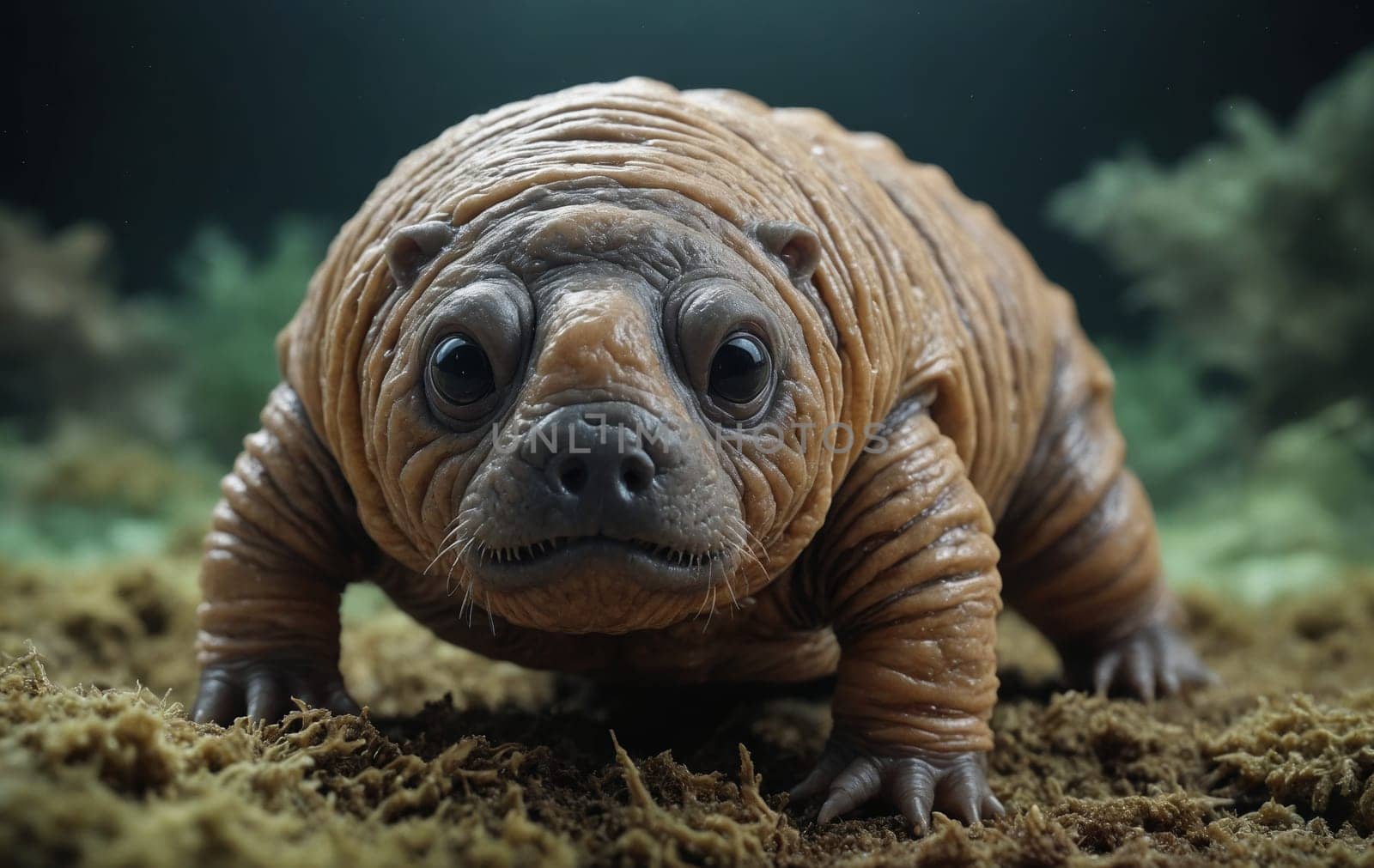 A small brown organism, resembling a terrestrial animal, is crawling on the ground. It moves in a spiral motion, blending in with the natural material around