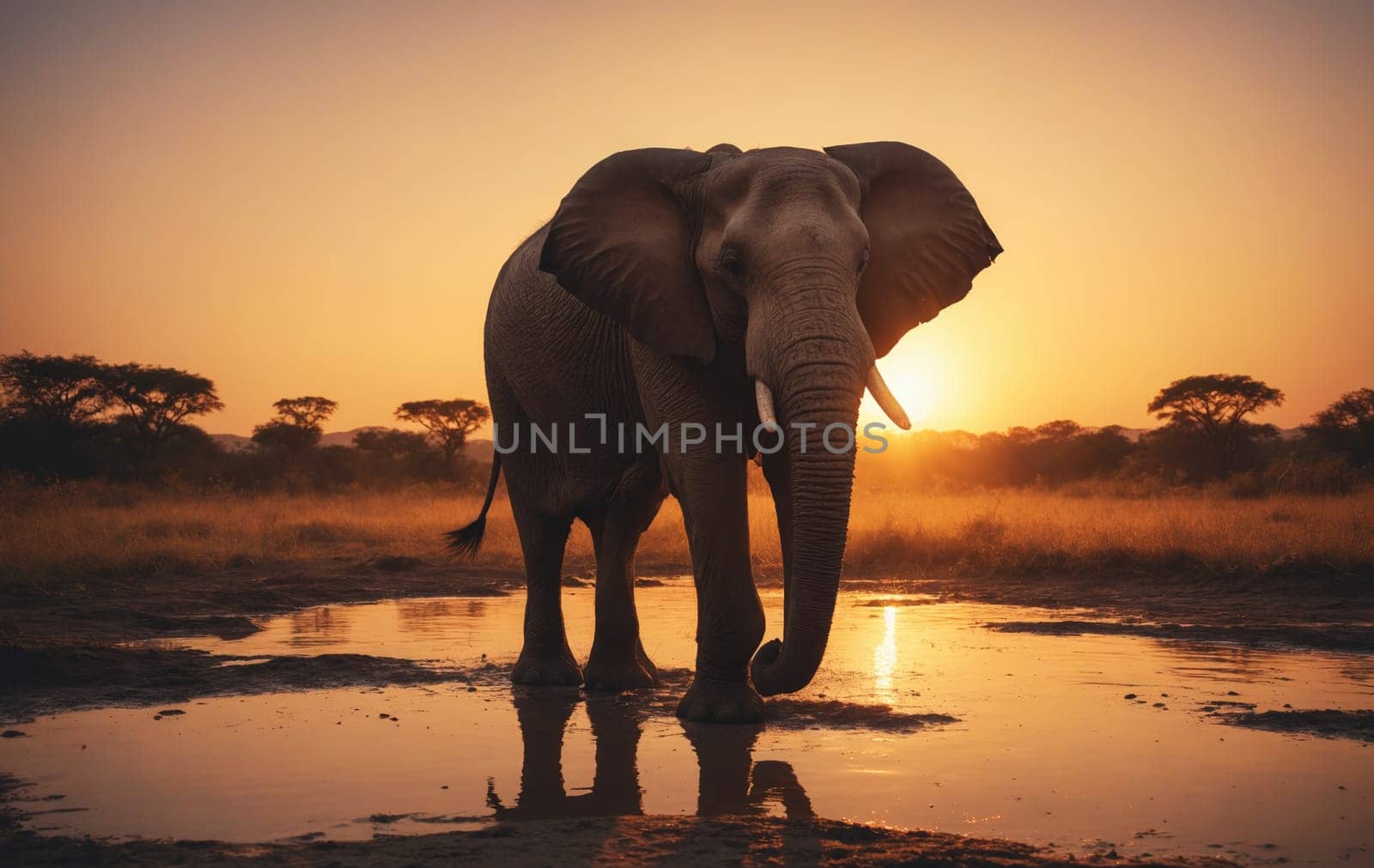 An Indian elephant, a terrestrial animal, stands in a puddle of water at sunset in a natural landscape. The sky is painted with clouds as this working animal enjoys the liquid refreshment