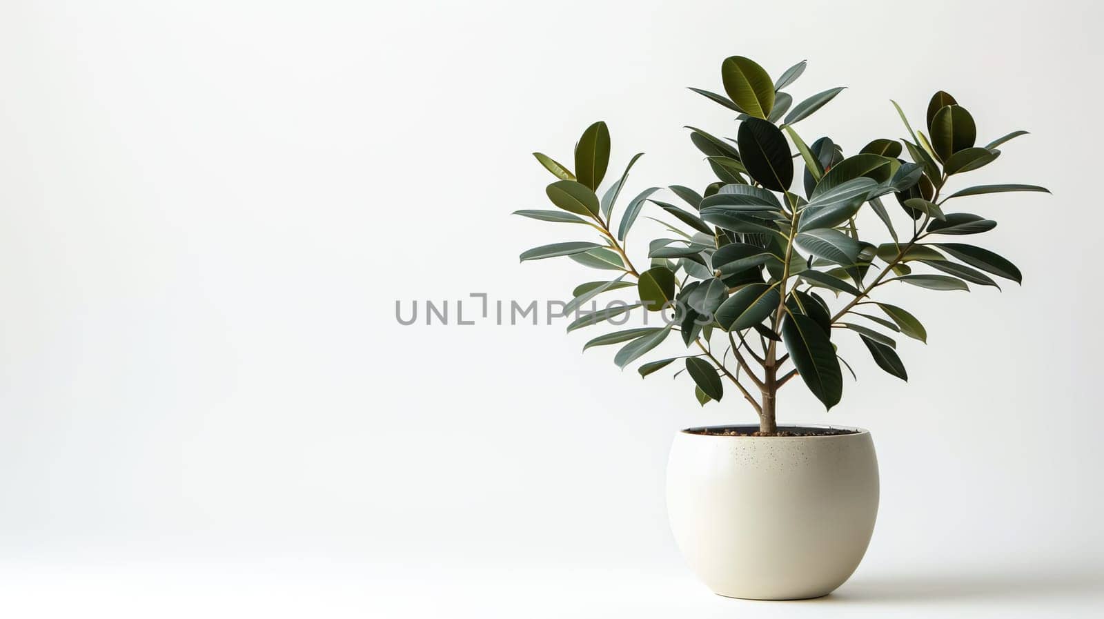 Houseplant ficus in a white pot on a white background, copy space. AI generated by OlgaGubskaya