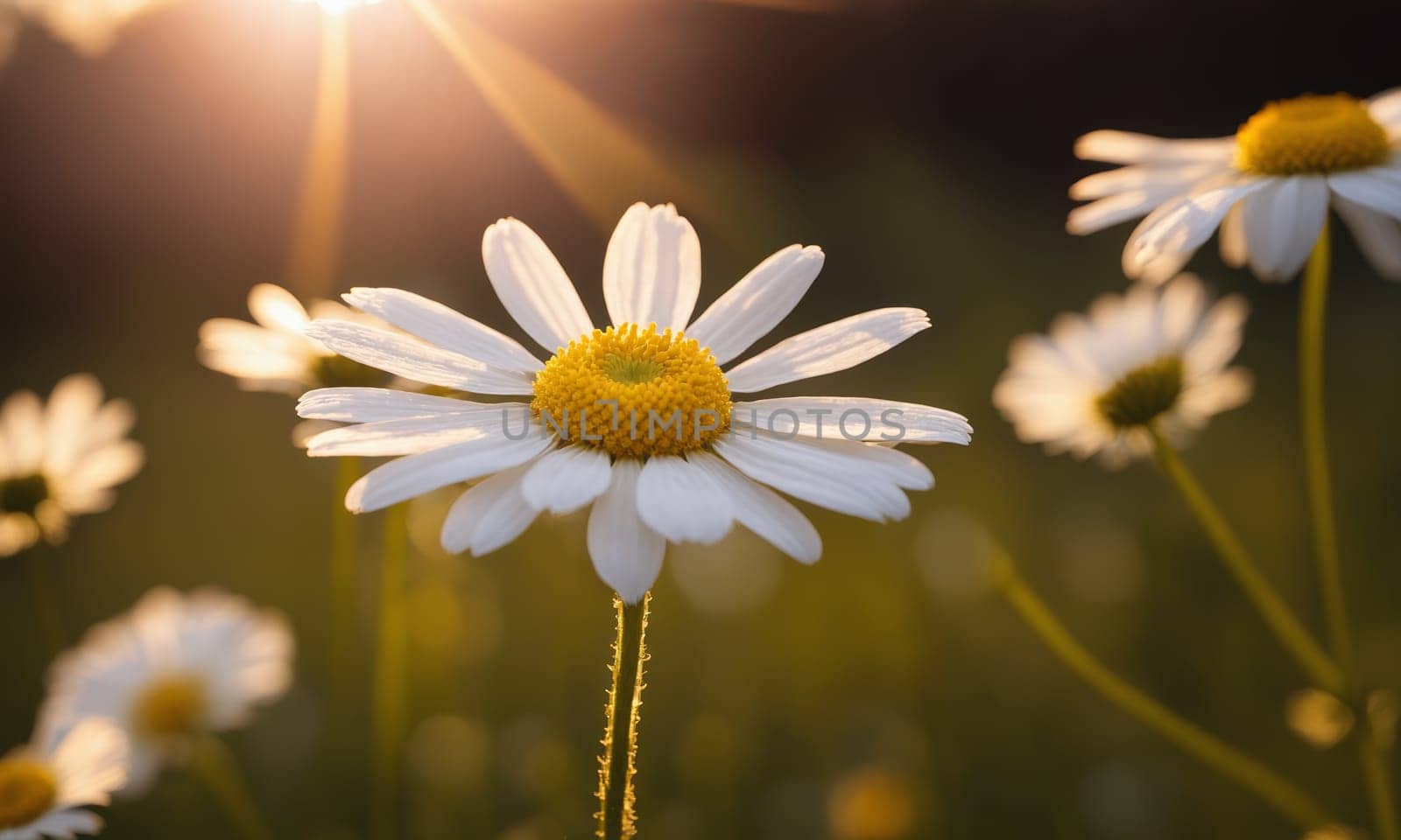 Beautiful daisies on a meadow in the rays of the setting sun.