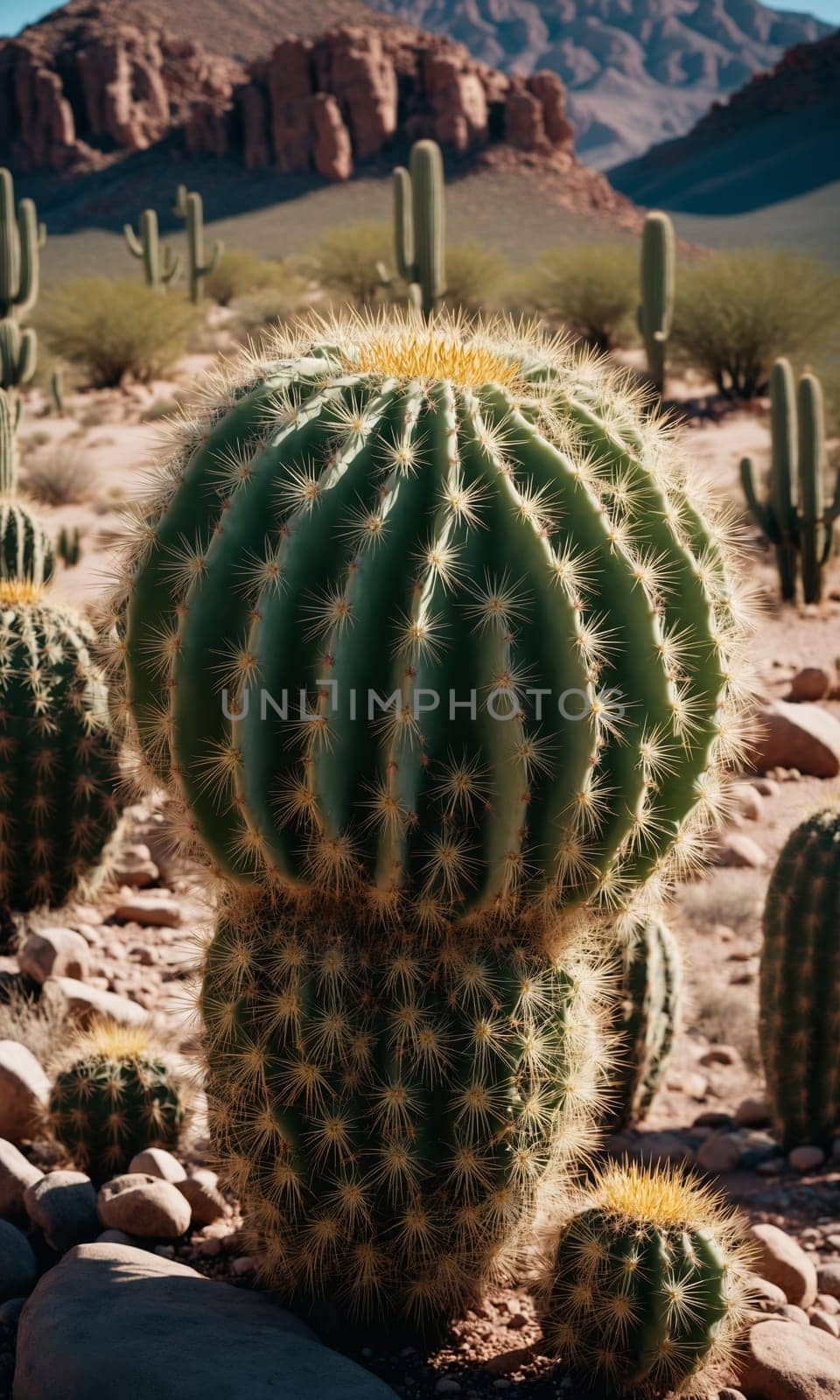 Prickly cactus in the desert close-up.