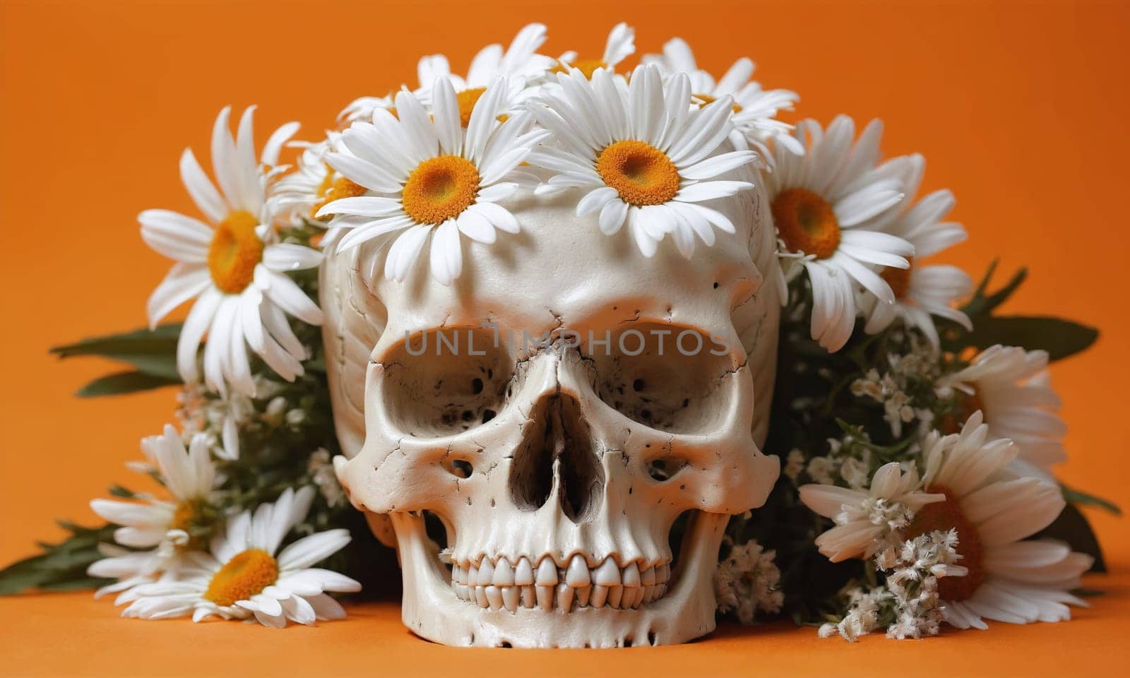 Skull and daisies on orange background. Halloween concept