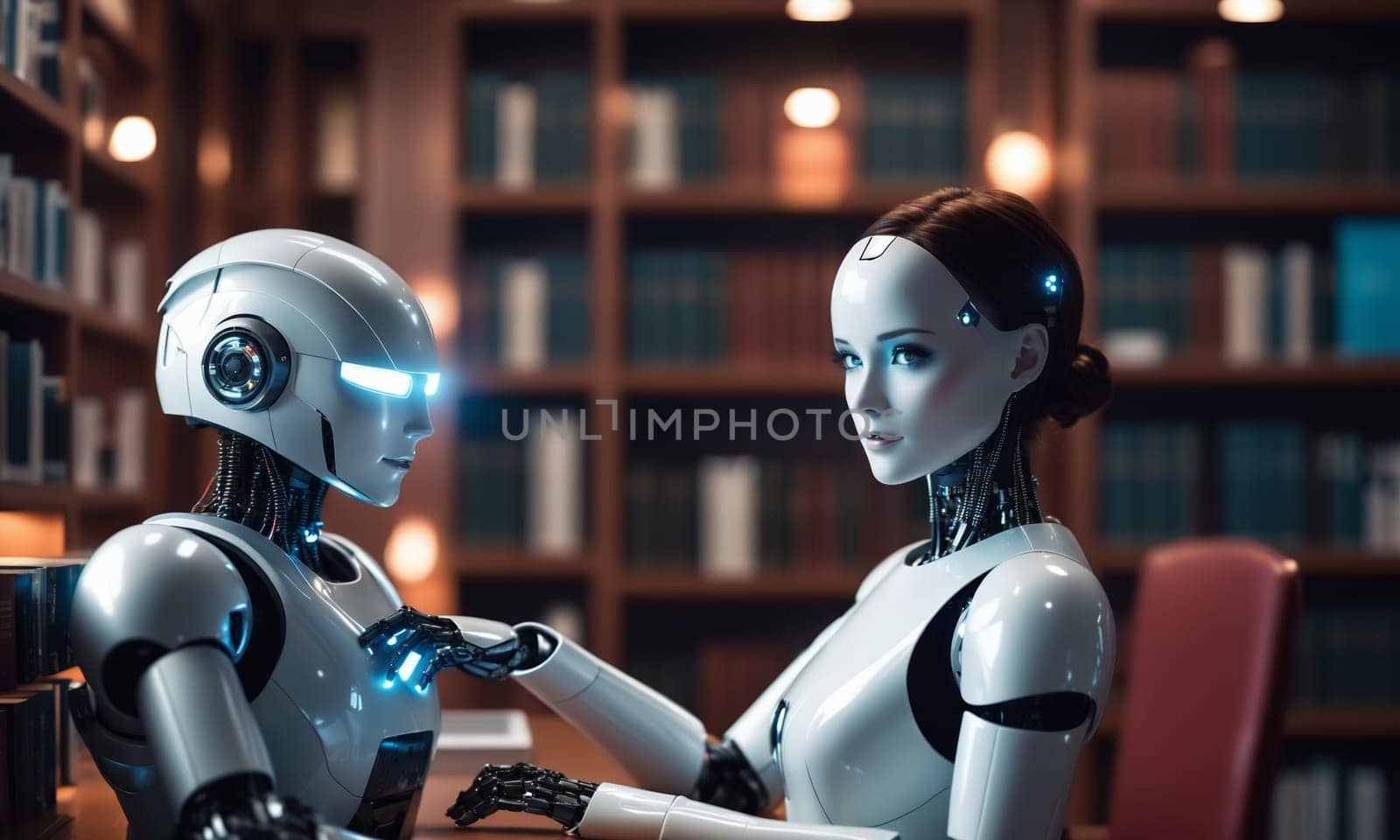 3d rendering humanoid robot in library with bookshelves in background.