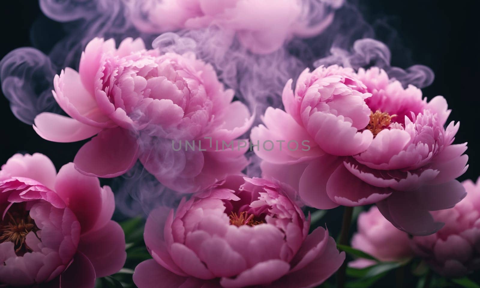 Beautiful peony flowers with smoke on dark background, closeup.