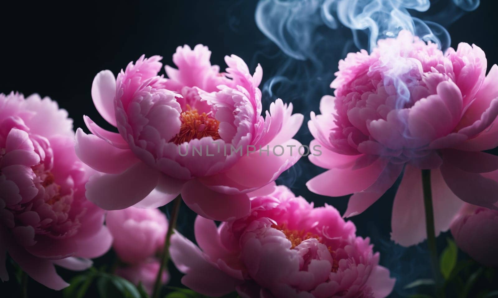 Beautiful peony flowers with smoke on dark background, closeup.