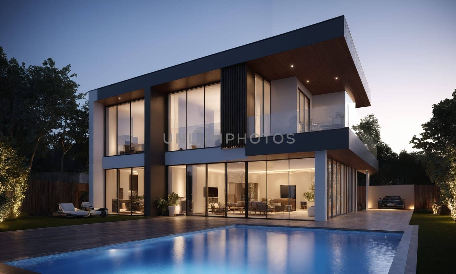 3d rendering of modern cozy house with pool and parking for sale or rent.