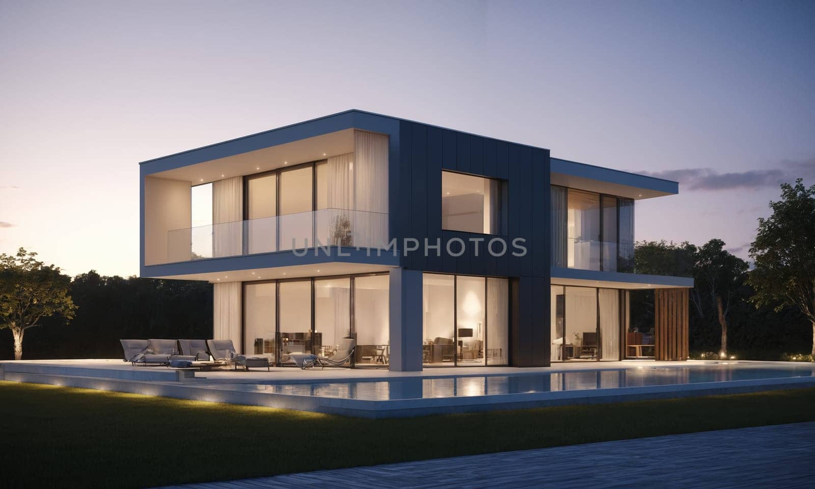 3d rendering of modern cozy house with pool and parking for sale or rent in luxurious style and beautiful landscaping on background. Clear summer evening with blue sky