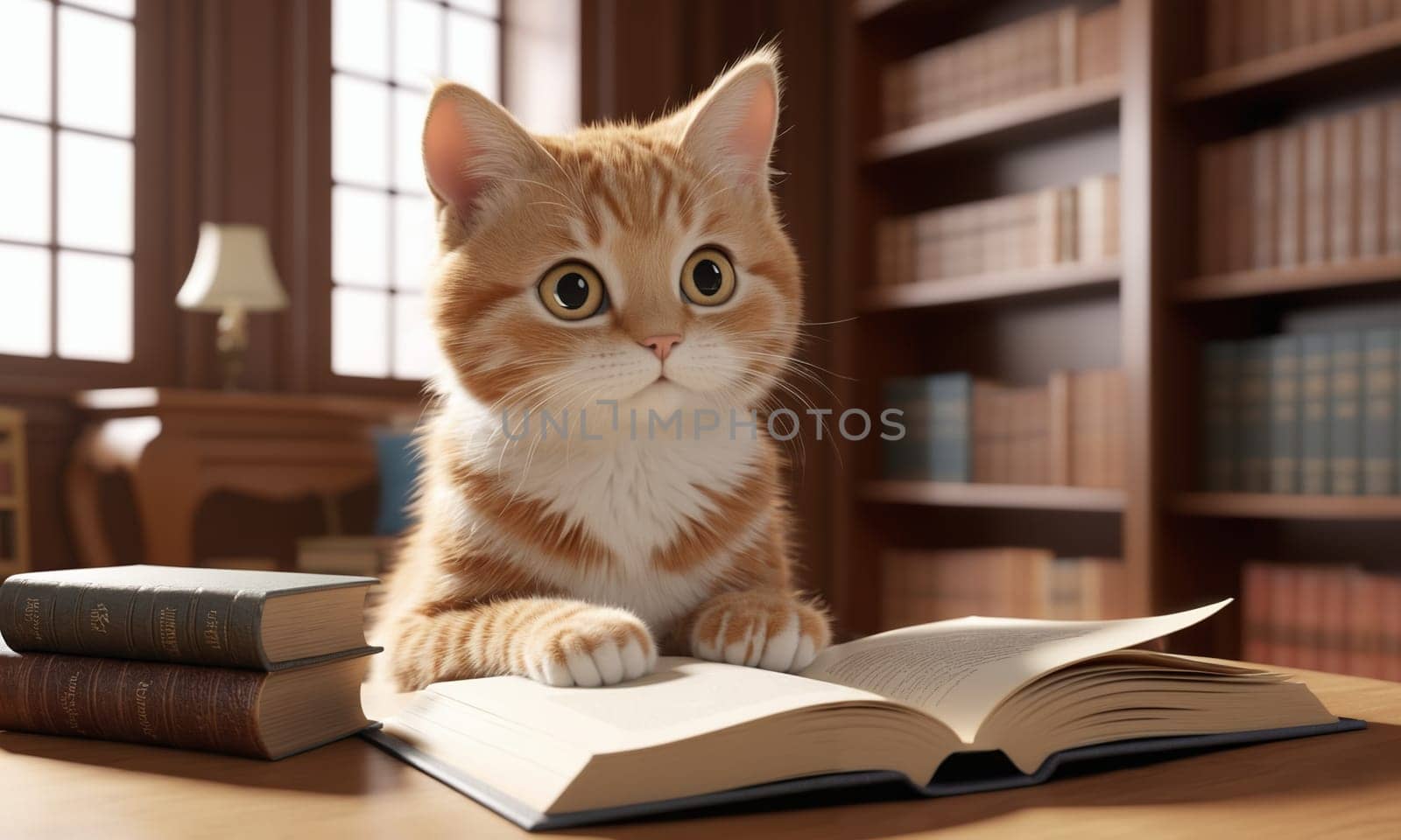 Cute cat reading books in the library, close-up by Andre1ns