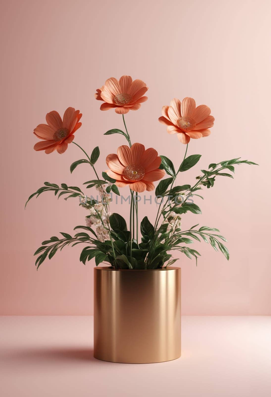 Orange gerbera flowers in a white vase on a pink background.