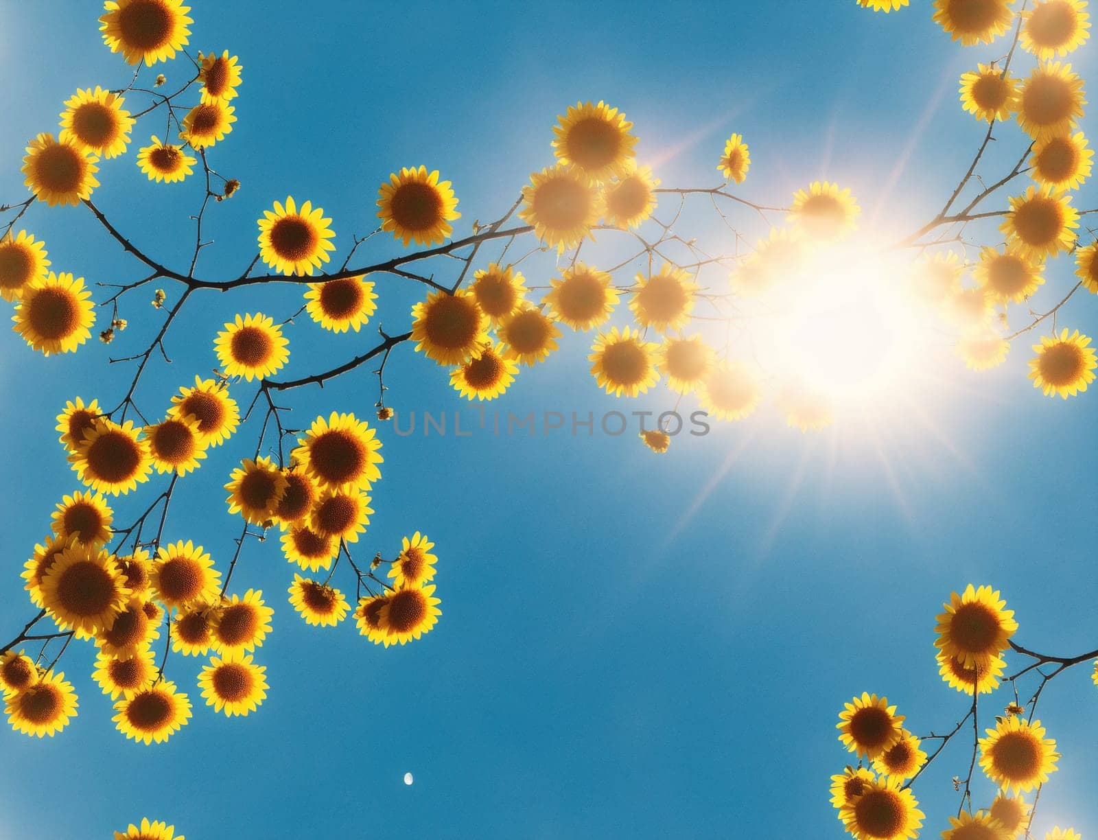 The image depicts a sunny day with yellow sunflowers blooming on a tree branch against a blue sky. - seamless and tileable