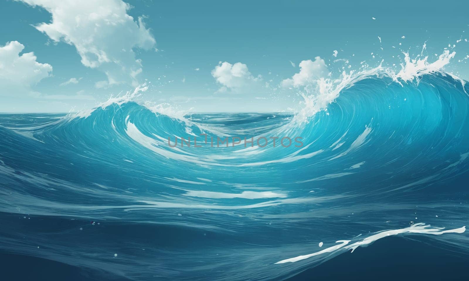 Blue ocean wave with white clouds and blue sky. illustration.