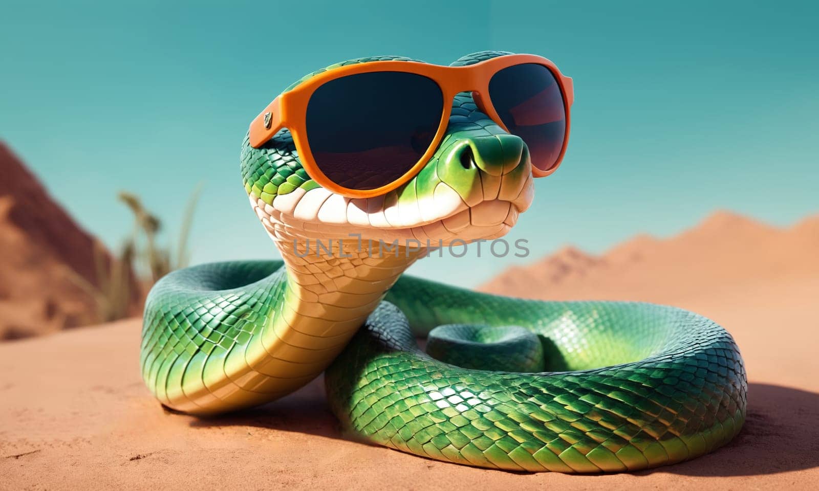 Blue snake with sunglasses on natural background