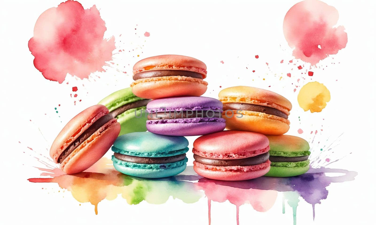 Colorful macaroons with watercolor splashes on white background by Andre1ns