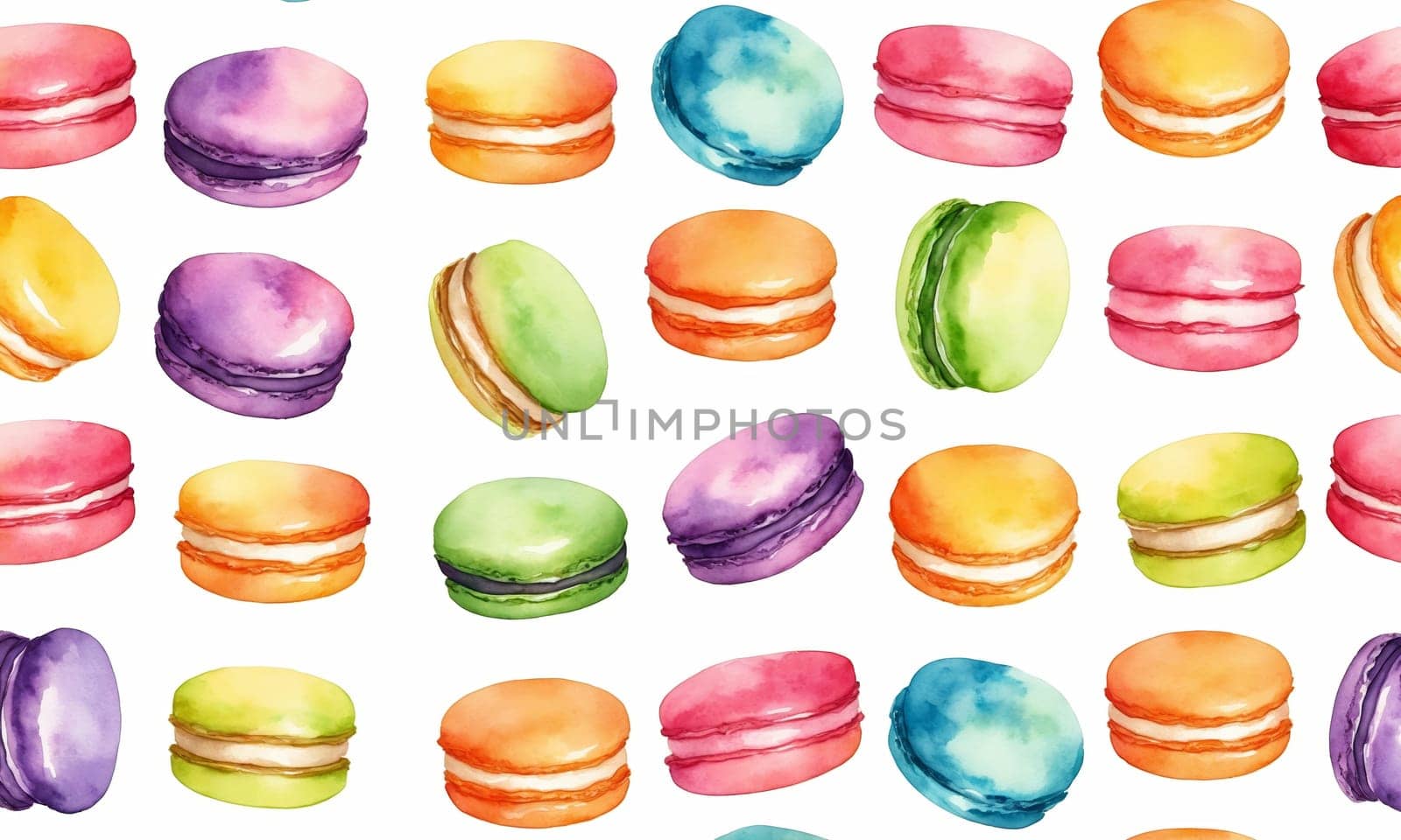 Colorful macaroons with watercolor splashes on white background.