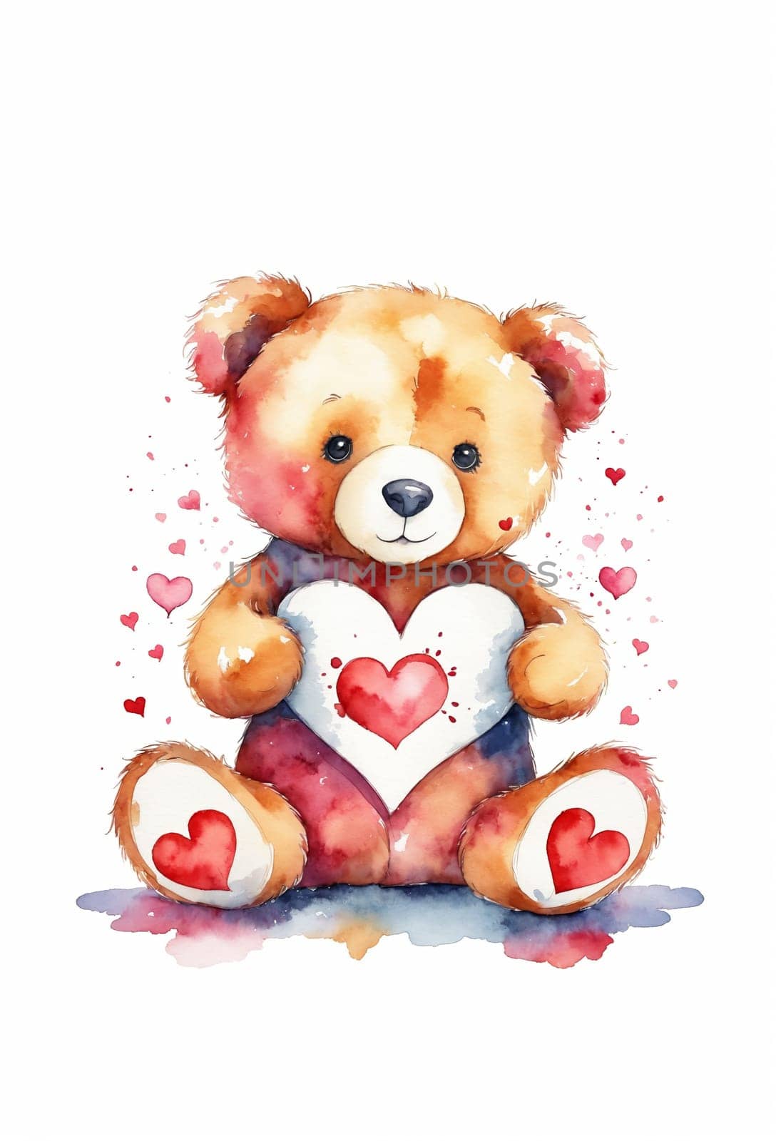 Teddy bear with heart on white background. Watercolor illustration