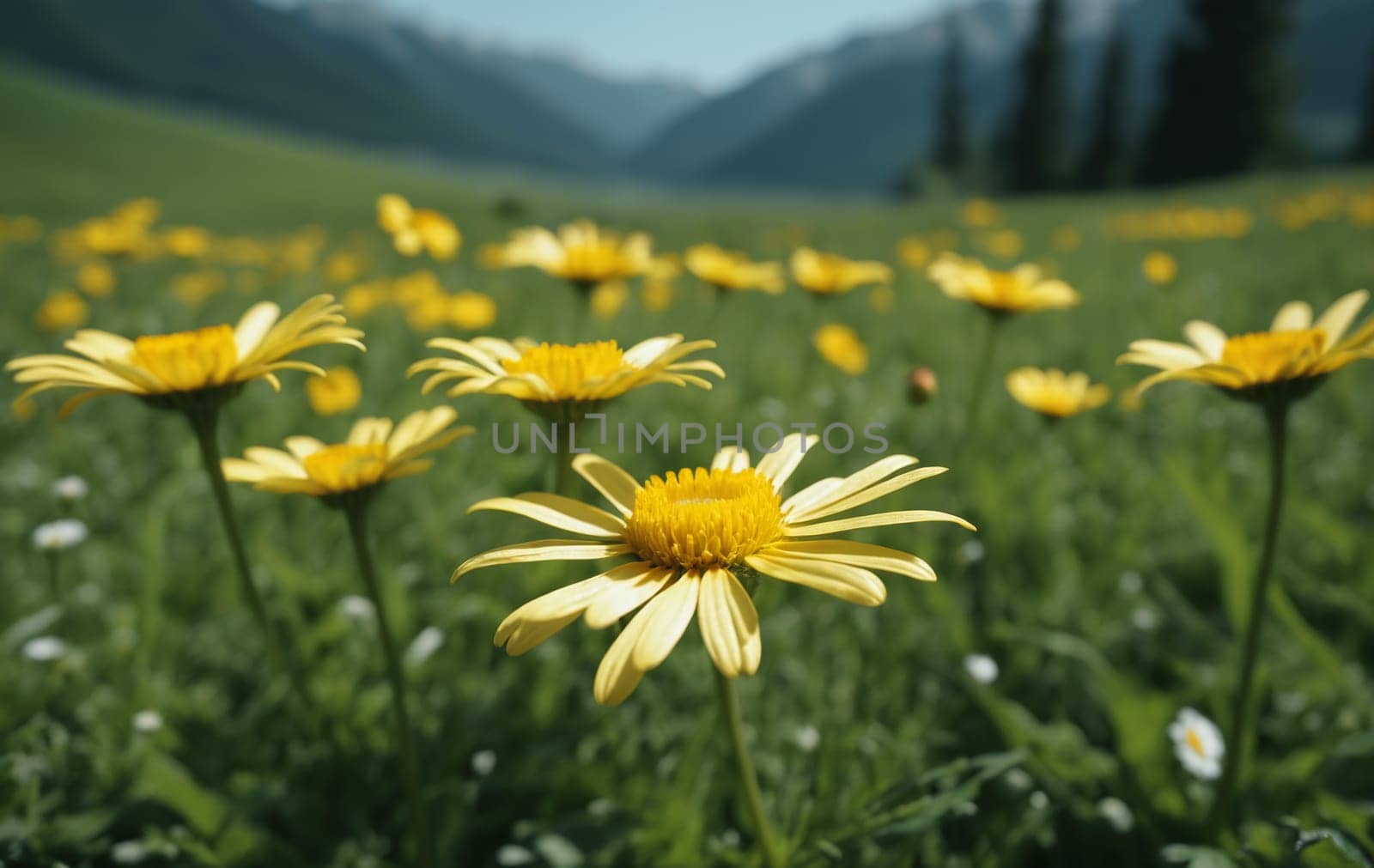 Yellow daisies on a green meadow in the mountains