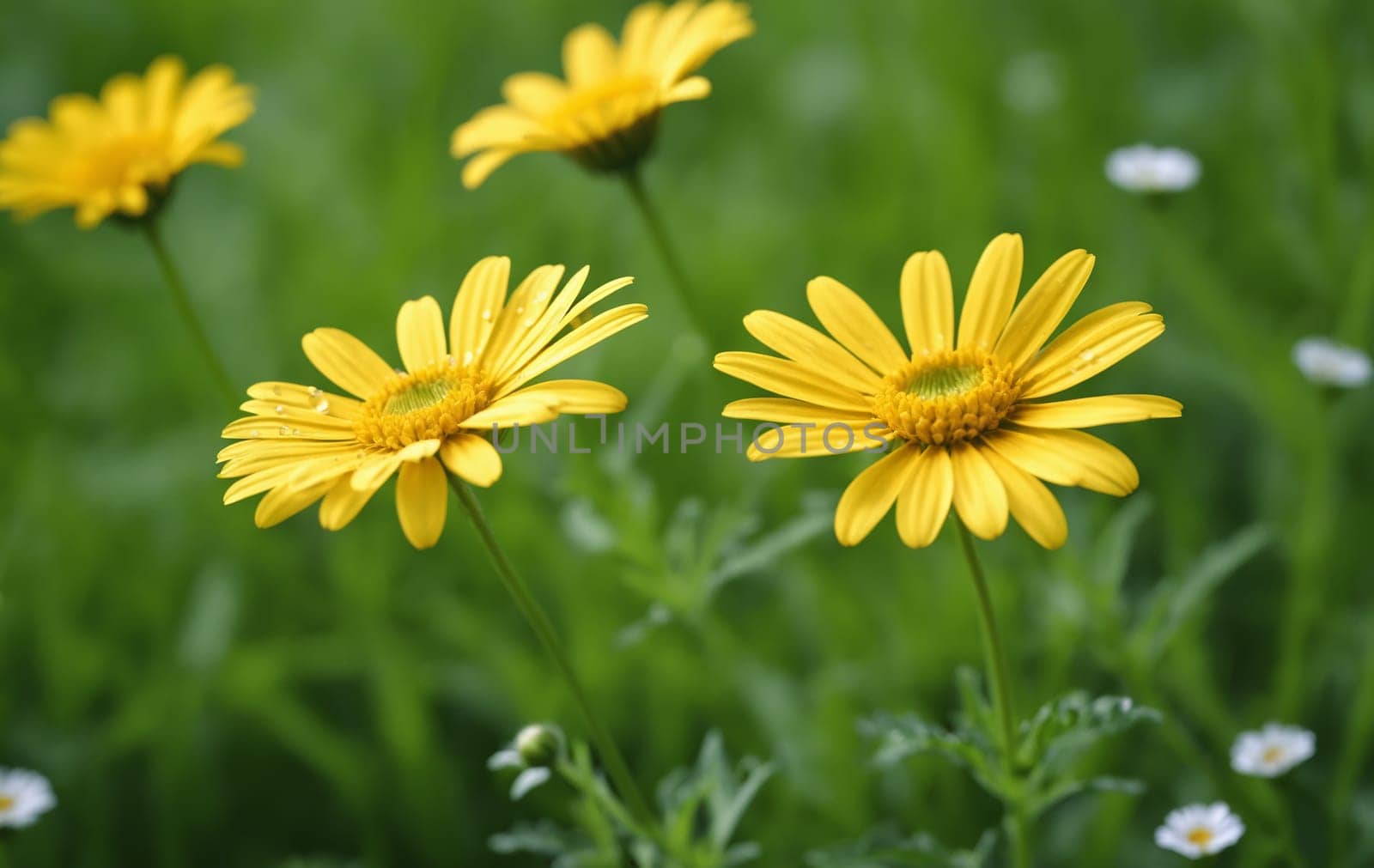 Yellow daisies in the green grass, shallow depth of field/