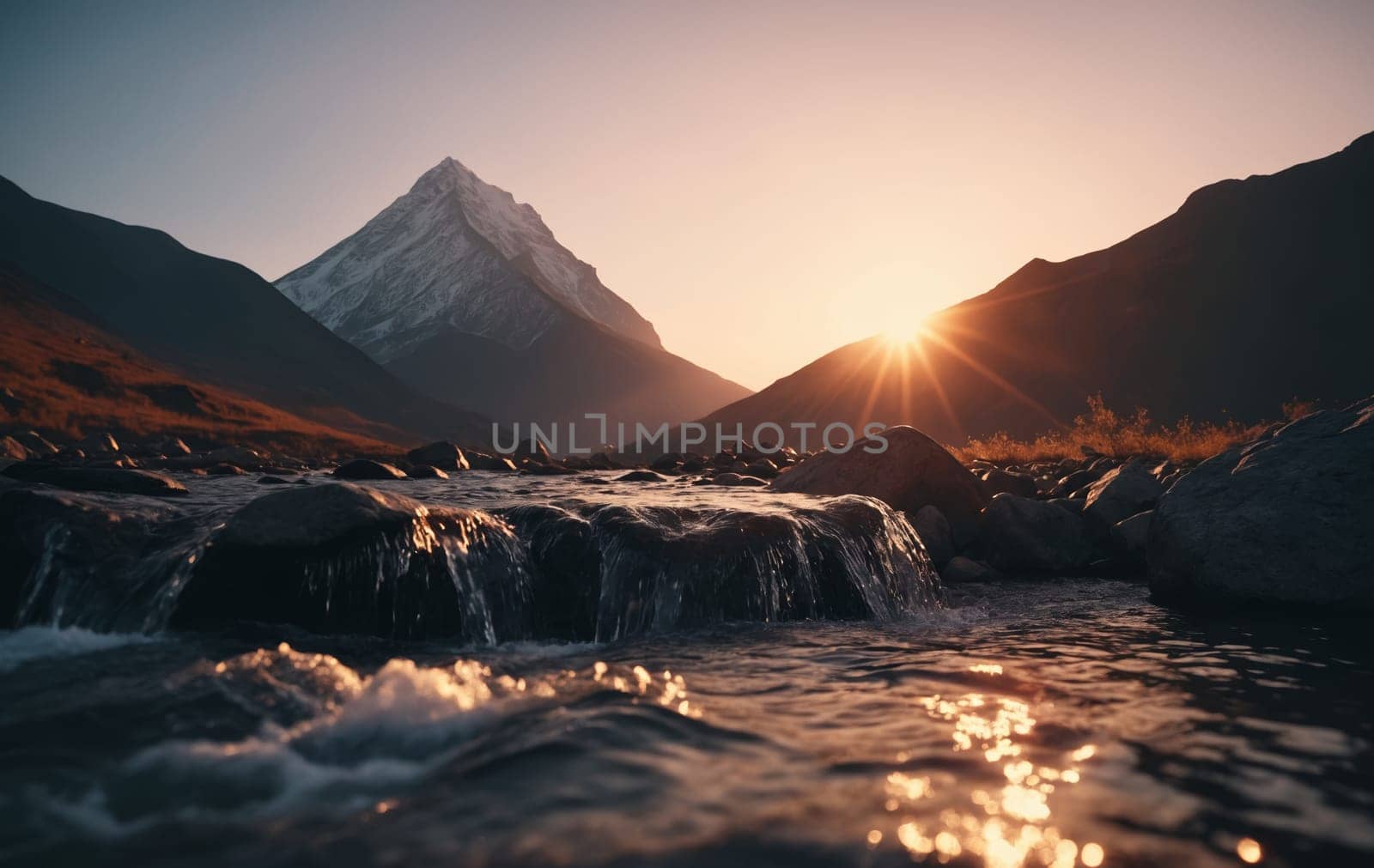 Mountain river at sunset, mountain peak in the background by Andre1ns
